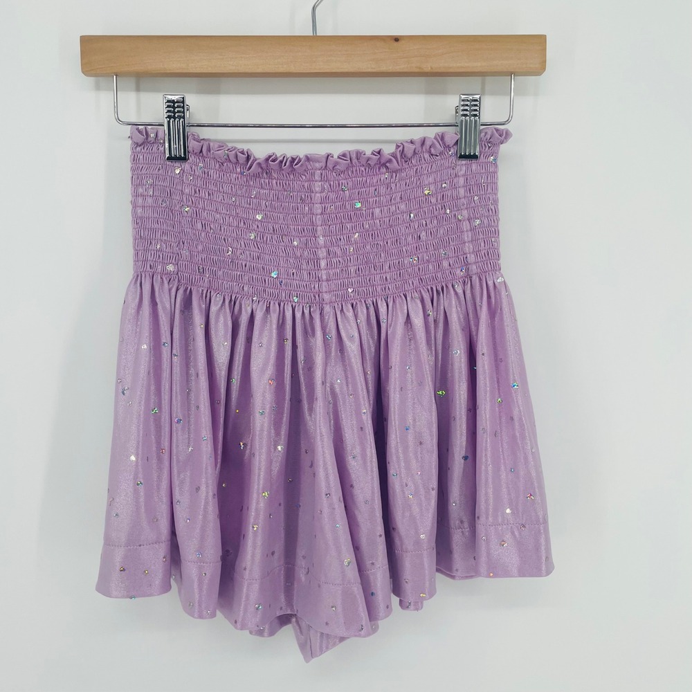 Queen of Sparkles Lavender Holographic Heart Star Smocked Shorts Purple size S